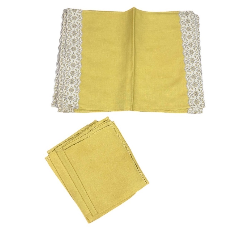 Vintage lemon lime Linen Table Placemats Napkin Set with Lace Trim and Hemstitch